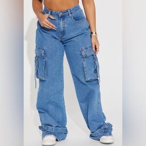 •Love Hurts•Medium Wash Ankle Strap Wide Leg Cargo Jeans